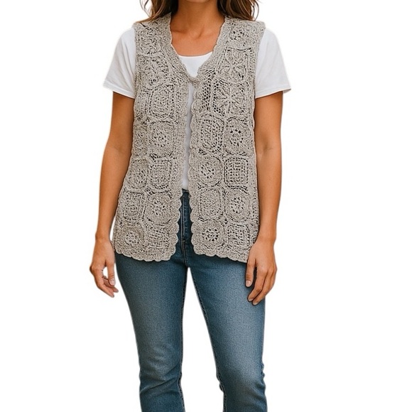 Crochet cotton gray sleeveless vest, Small, granny squares, hippie boho granola - Picture 1 of 8